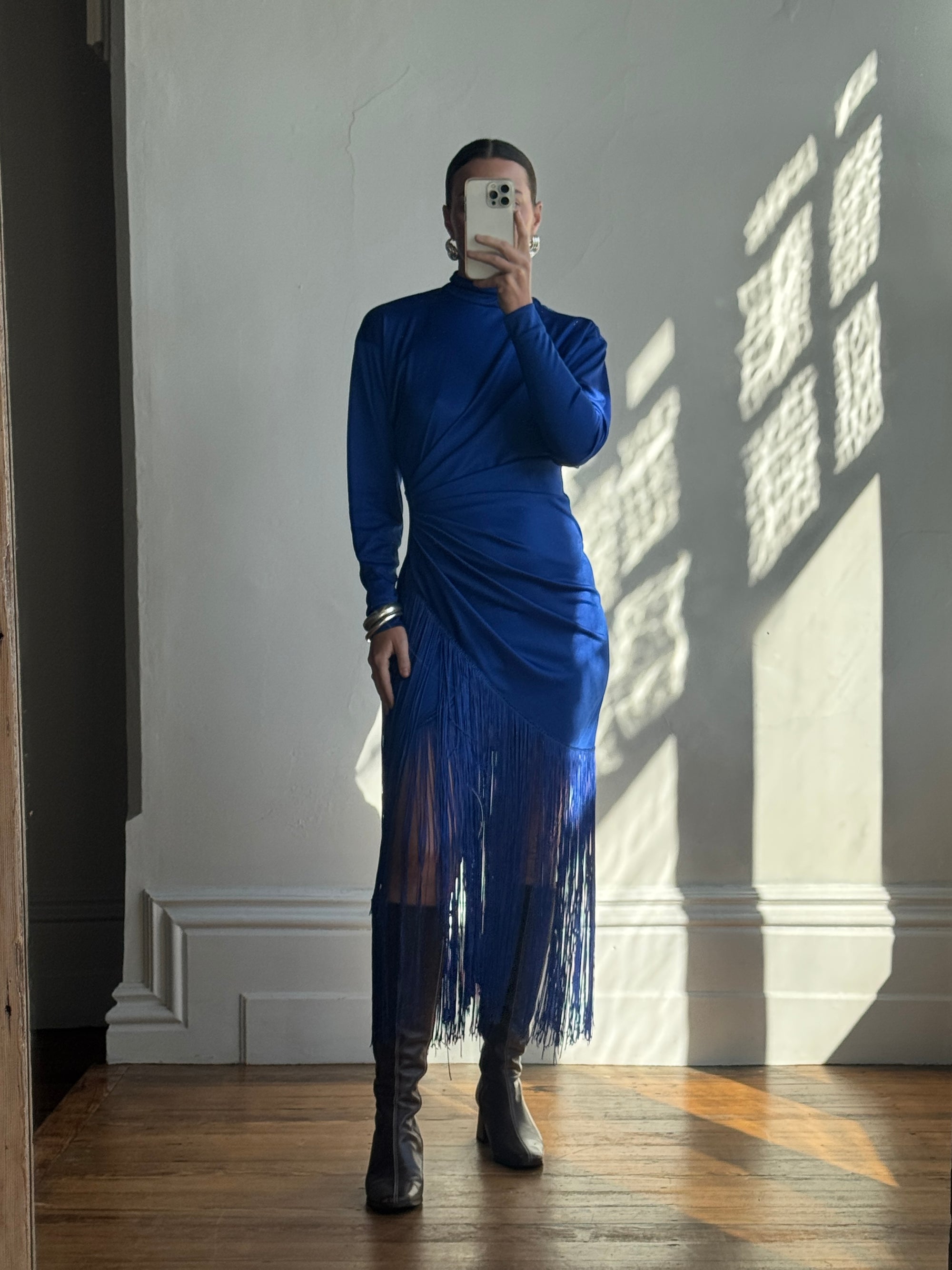 Vintage 80s Royal Blue Long Sleeve Fringe Dress