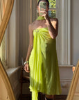 Vintage Y2K Chartreuse Strapless Pure Silk Brooch Dress