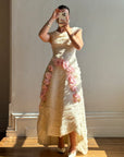 Vintage 60s Silk Pleated Wedding Gown with Pink Flowers