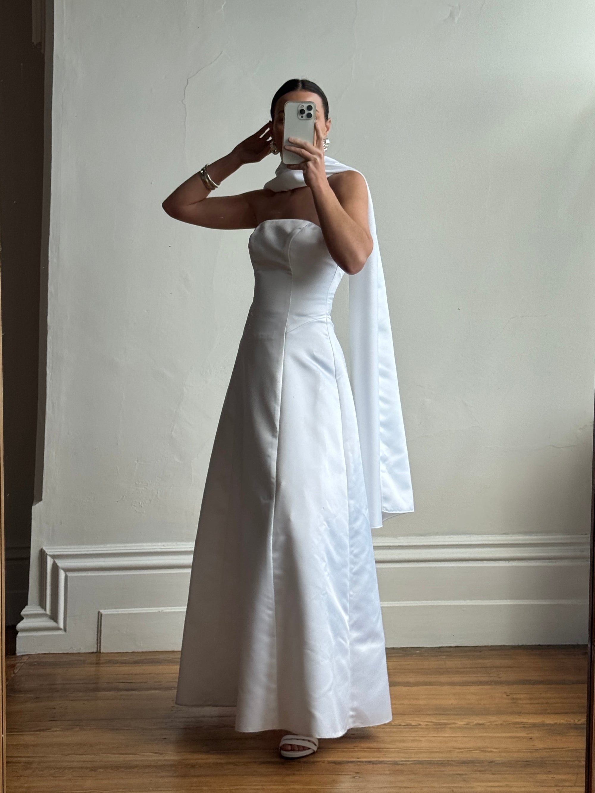 Vintage 90s A-Line Strapless Satin Wedding Dress with Shawl