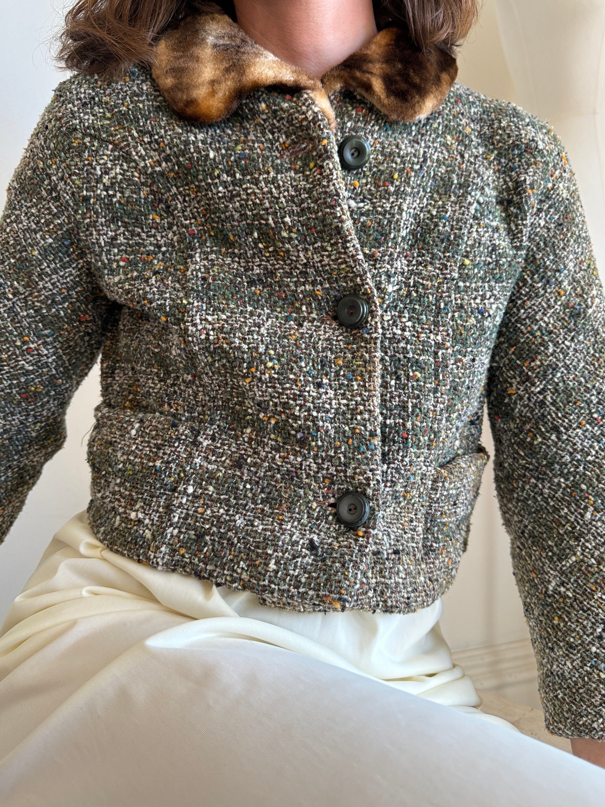 Vintage Olive Tweed Cropped Coat with Faux Fur Collar