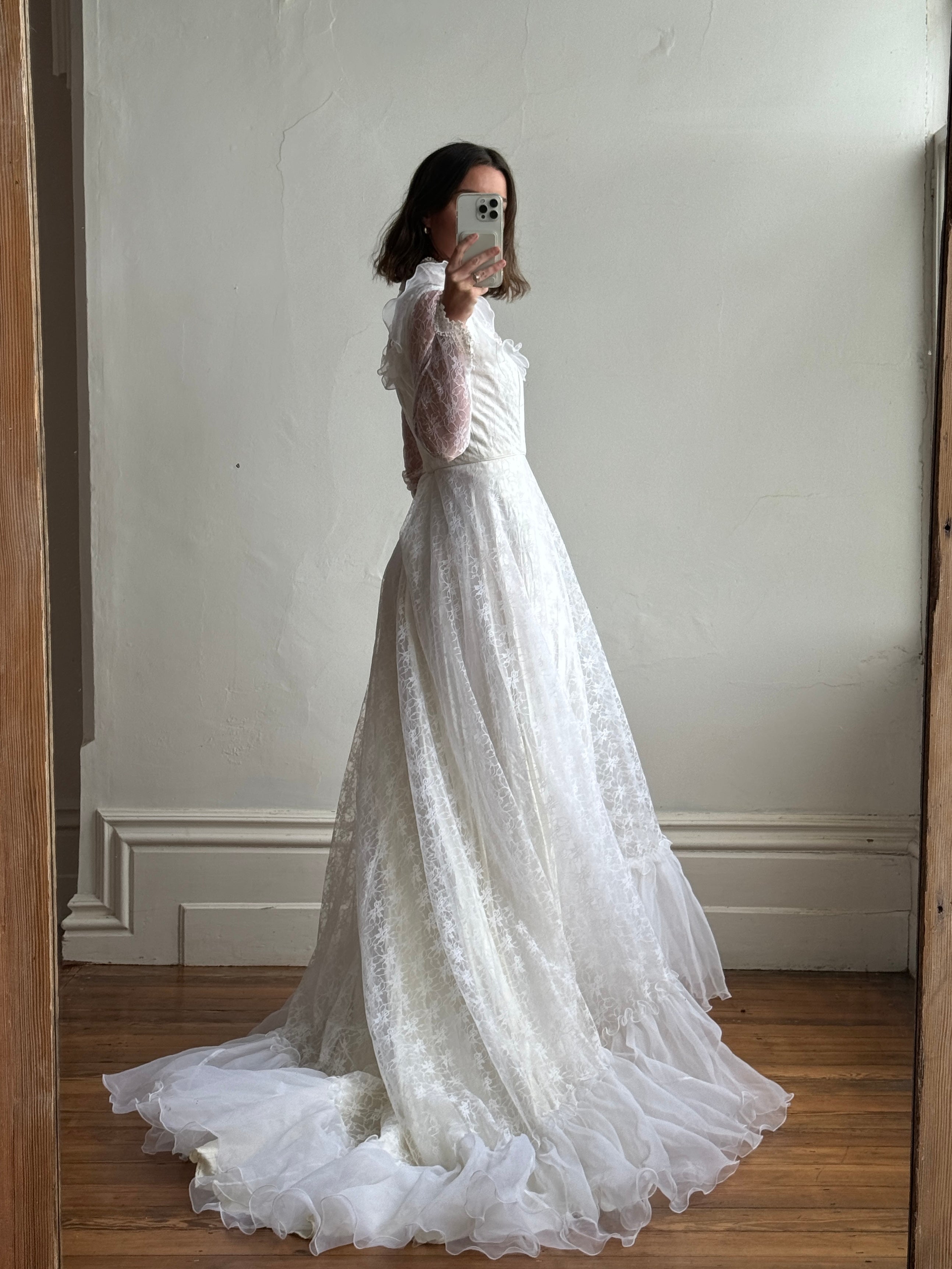 Vintage 70s Embroidered Lace Wedding Gown With Train