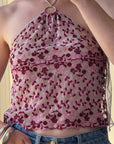 Y2K Sheer Pink Embroidered Halter Top with Silver Hardware