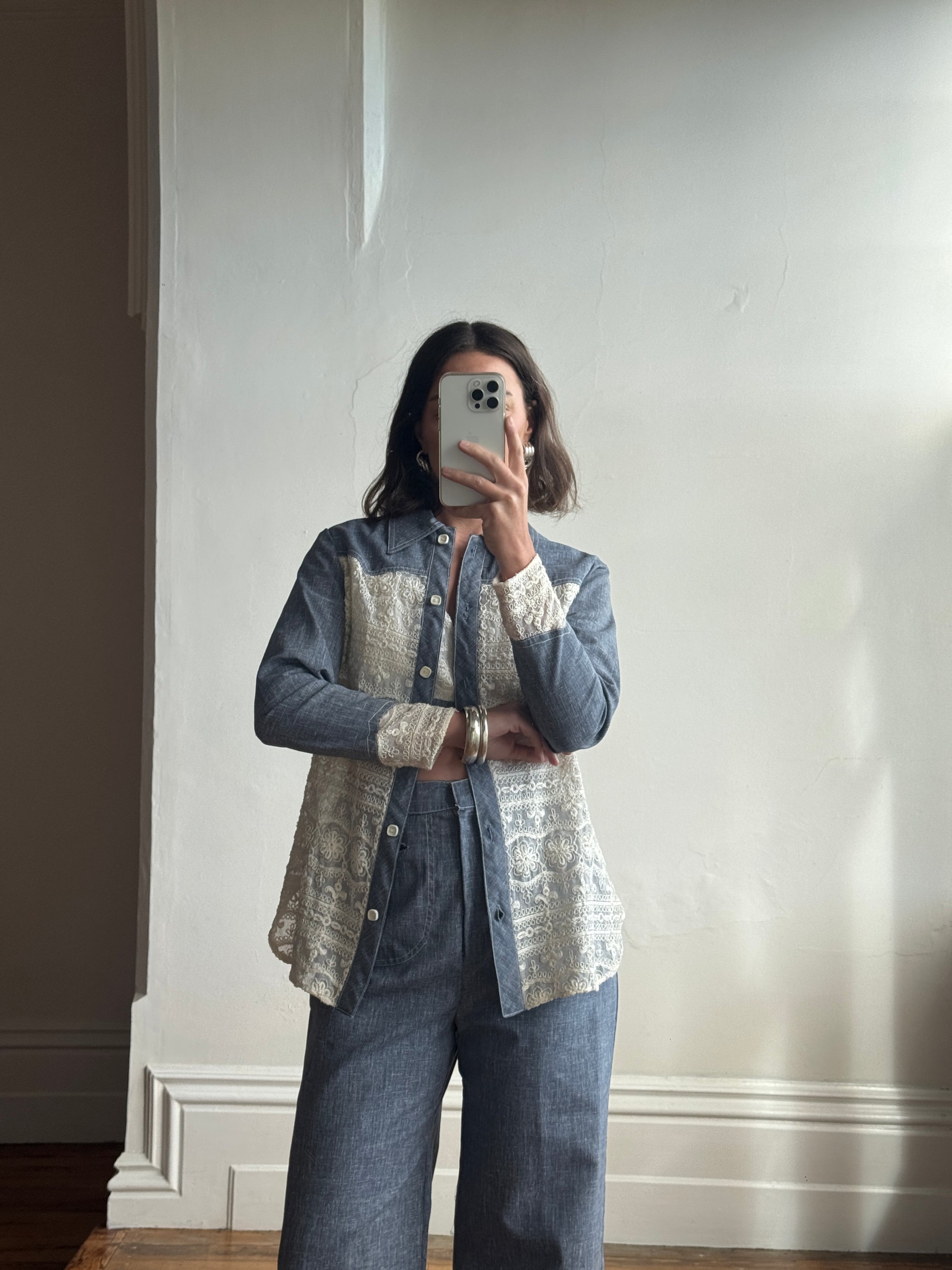Vintage 70s 3 piece Chambray and Lace Western Set