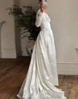 Vintage 60s Satin Jacquard Embellished Wedding Gown Ivory