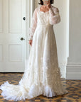 Vintage 70s Embroidered Prairie Long Sleeved Wedding Gown