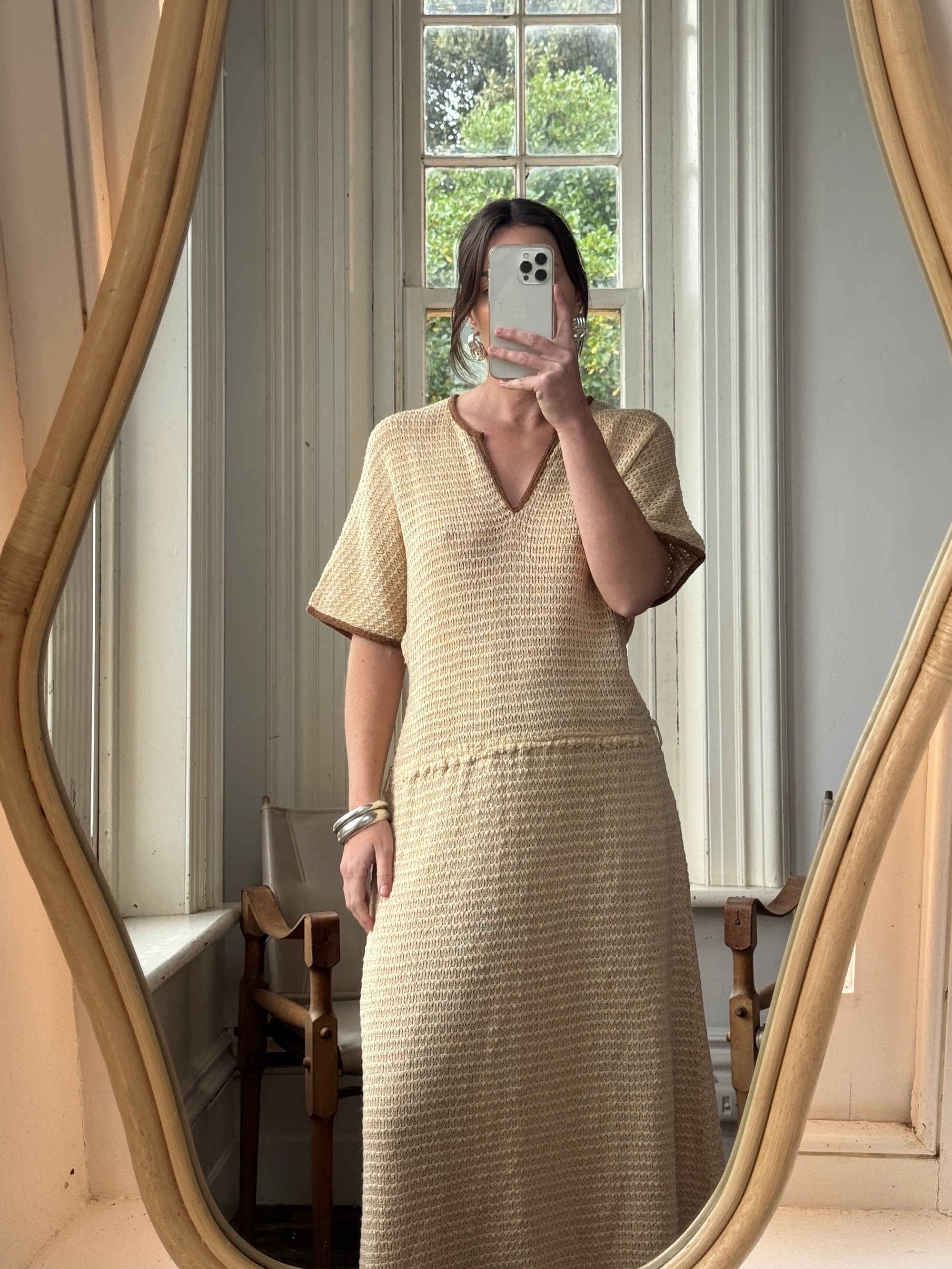 Vintage 70s Silk Blend Crochet Knit Drop Waist Maxi Dress