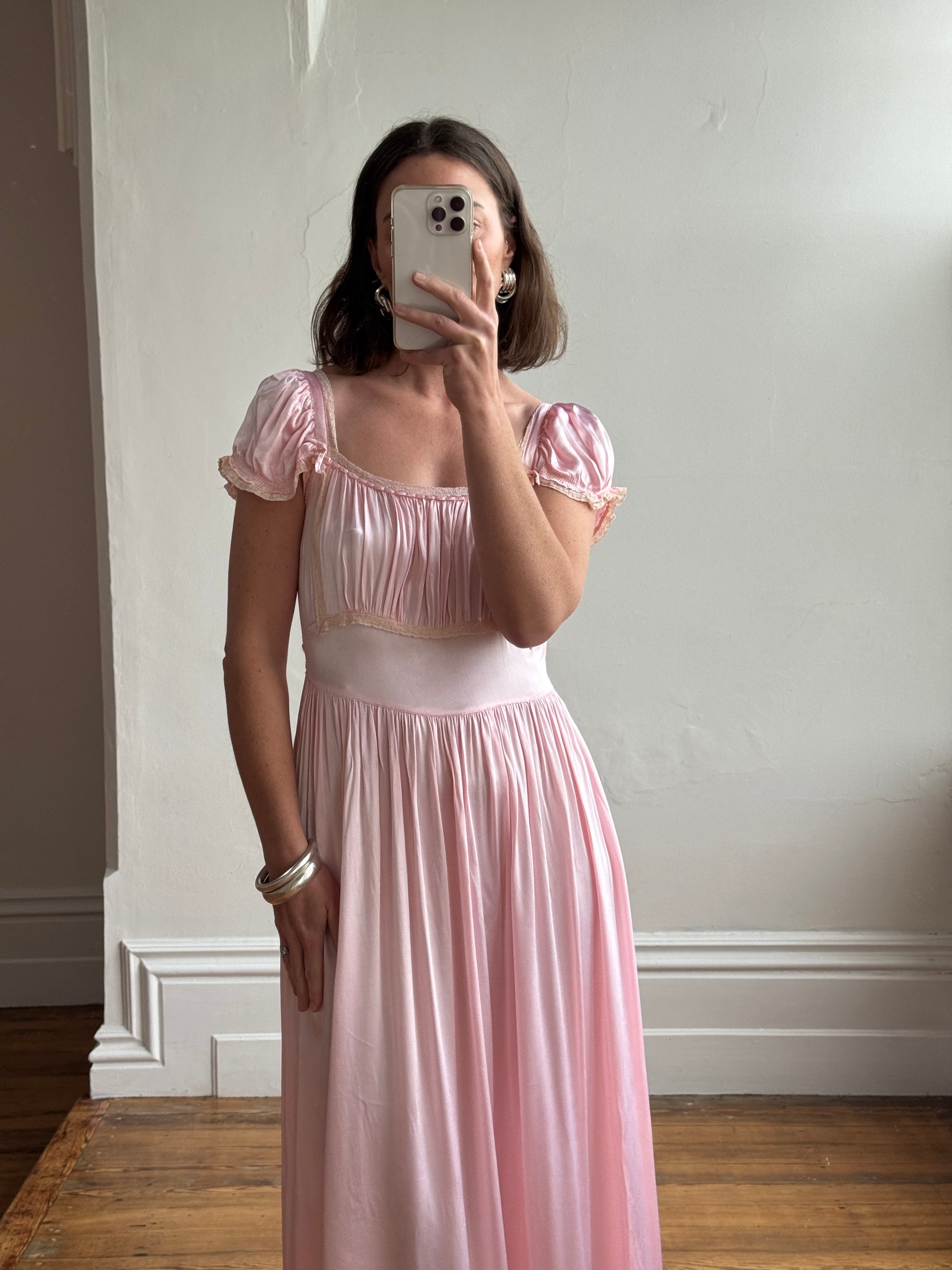 Vintage 30s Baby Pink Liquid Satin Slip with Creme Lace Trim