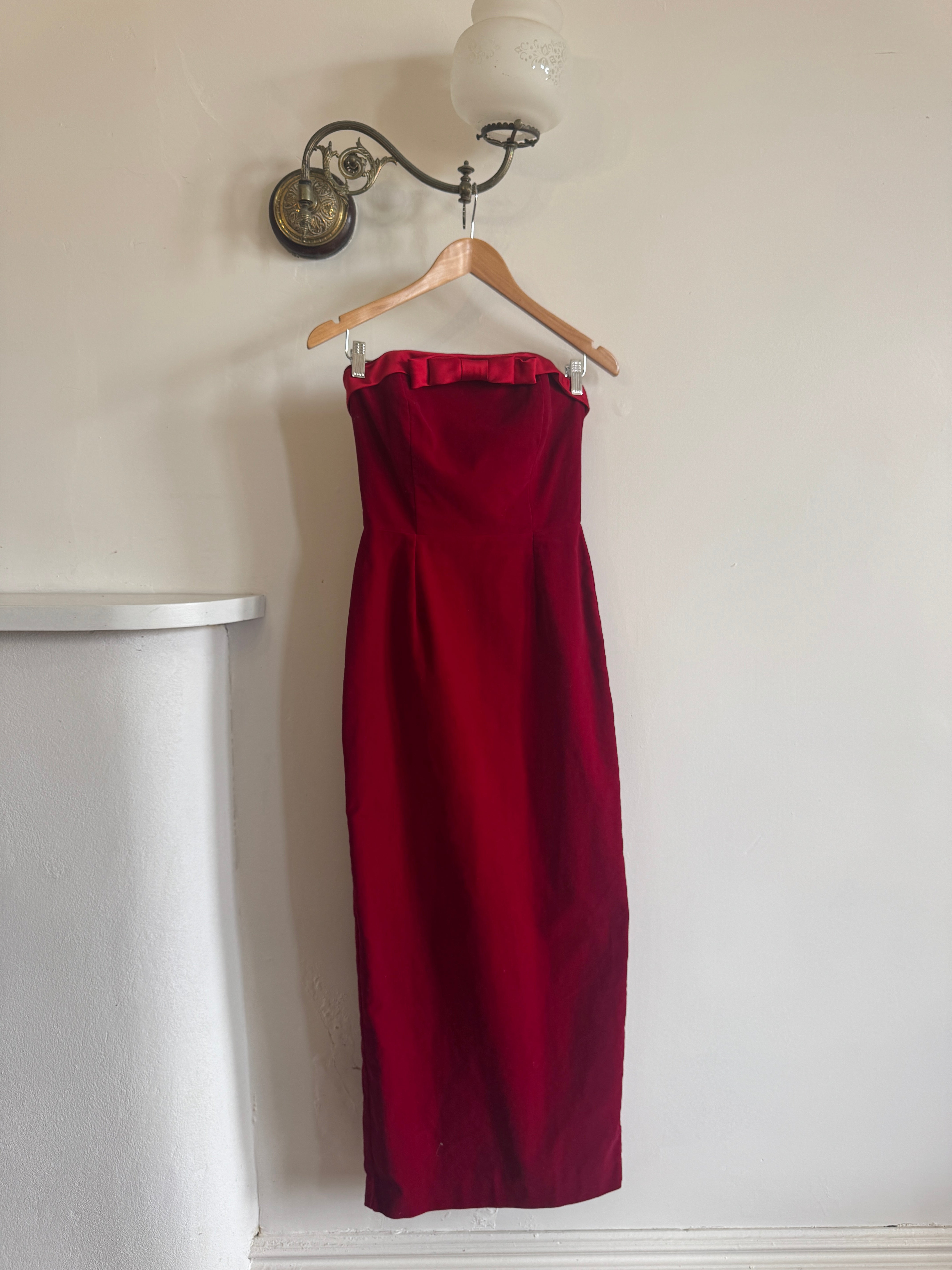 Vintage 90s Red Velvet Strapless Midi Dress with Bow