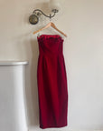 Vintage 90s Red Velvet Strapless Midi Dress with Bow