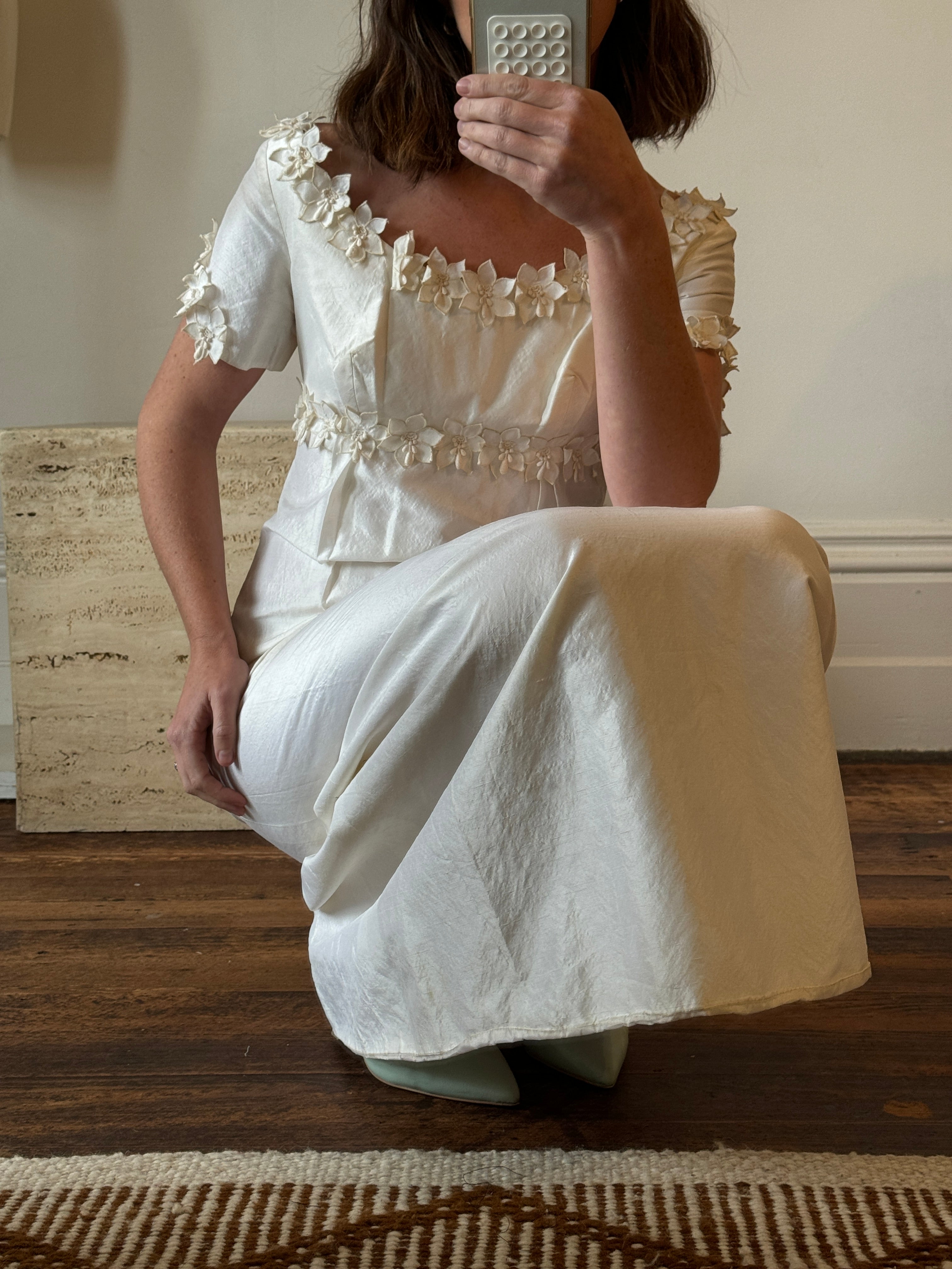 Vintage Pure Raw Silk Empire Bridal Dress With Floral Applique