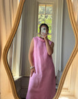 Vintage 80s Boat Neck Crinkle Dress Hot Pink