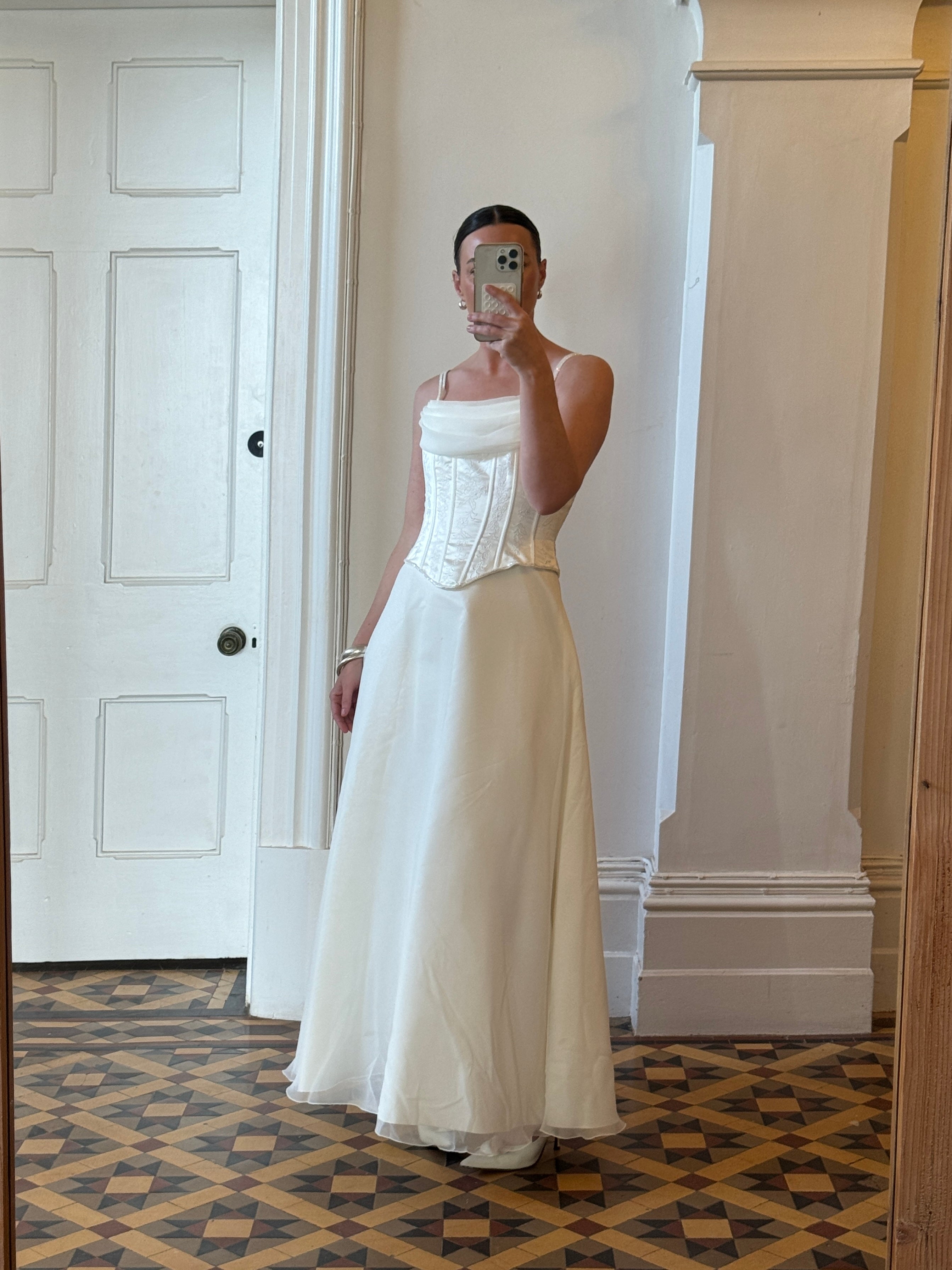 Vintage 90s Cowl Neck Jacquard Bodice Satin Wedding Dress