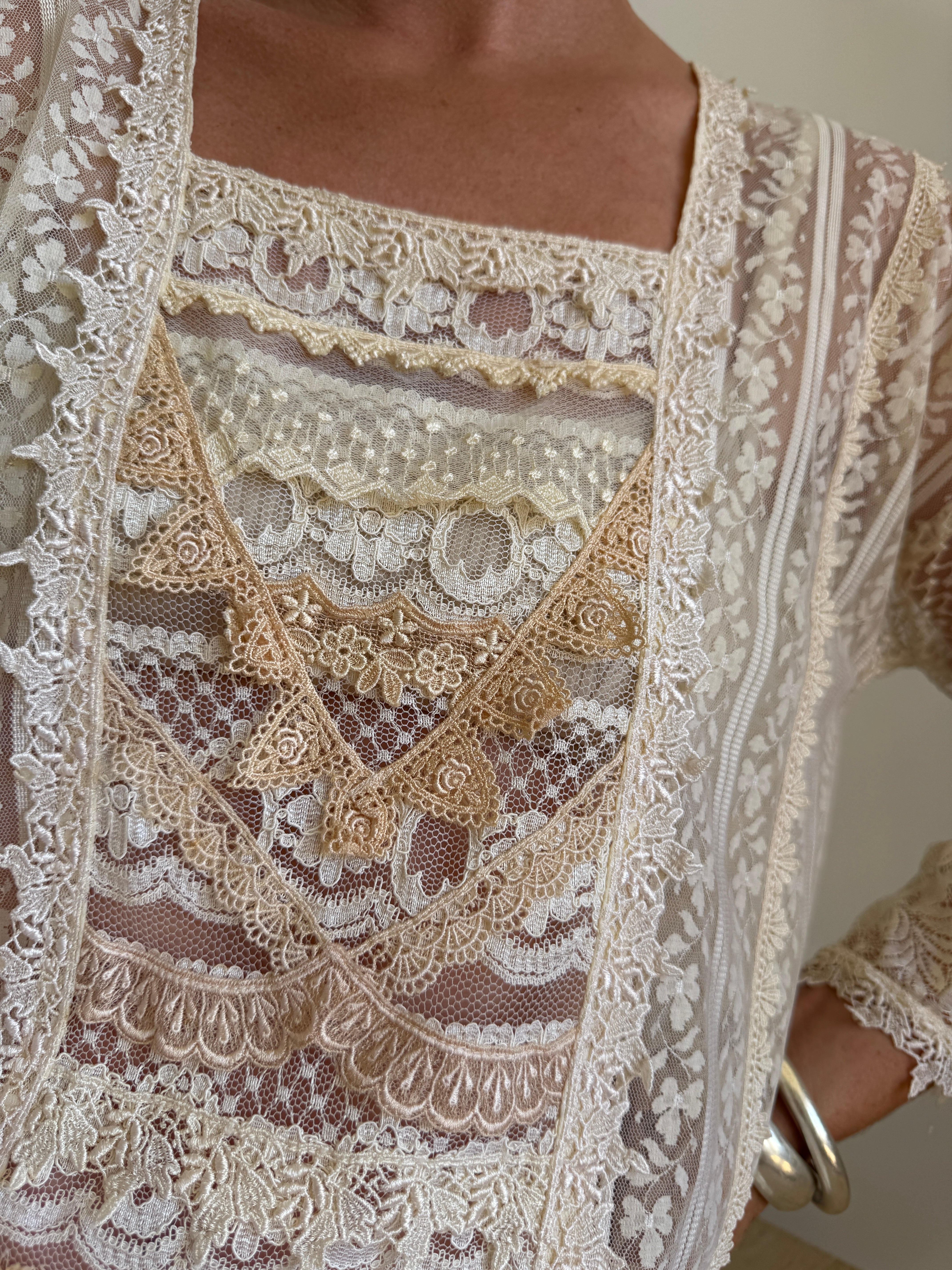 Vintage 80s Drop Waist Patchwork Lace Sheer Wedding Dress