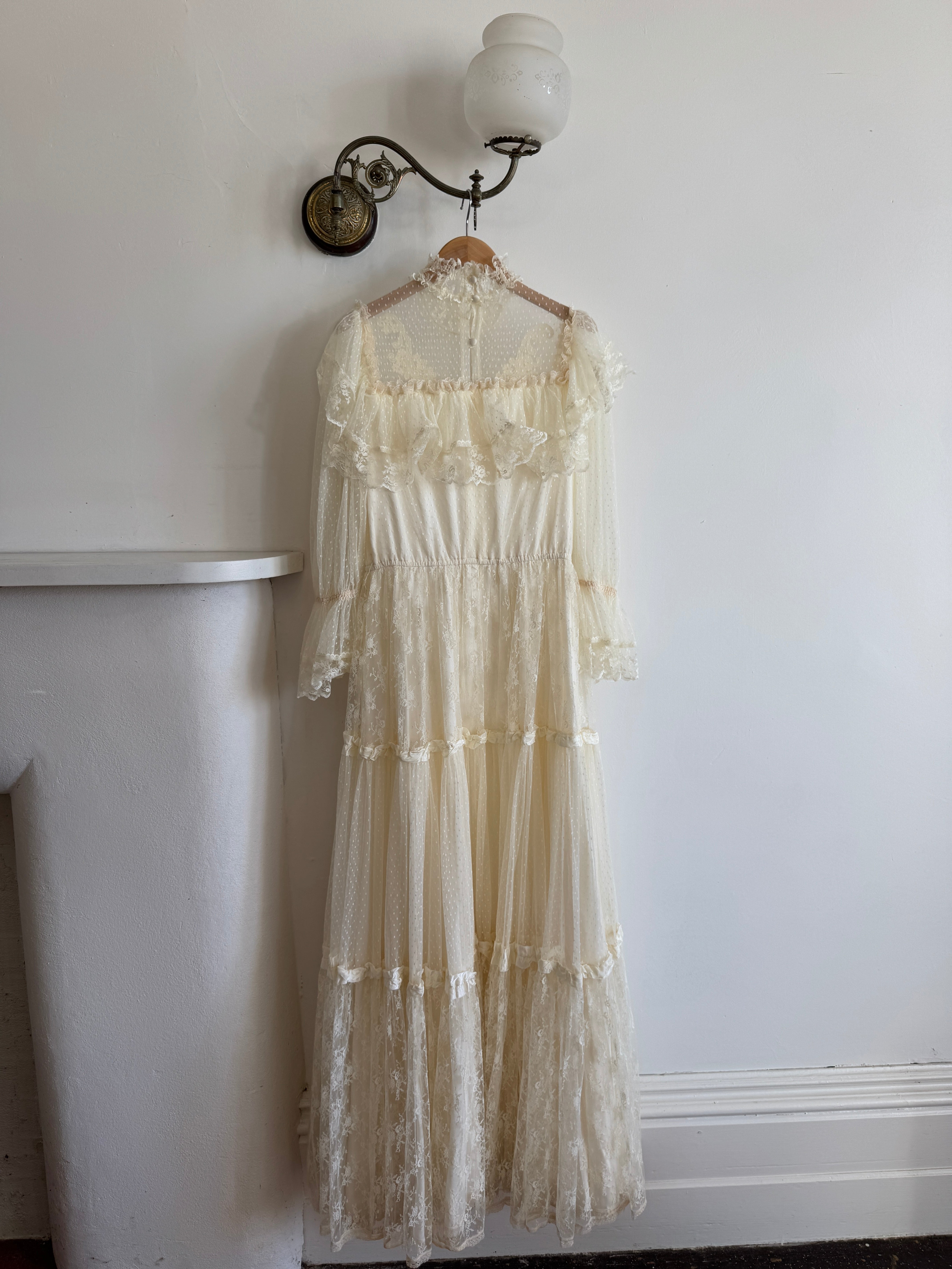 Vintage 70s Prairie Lace Wedding Gown with Beaded Basque Waist Belt
