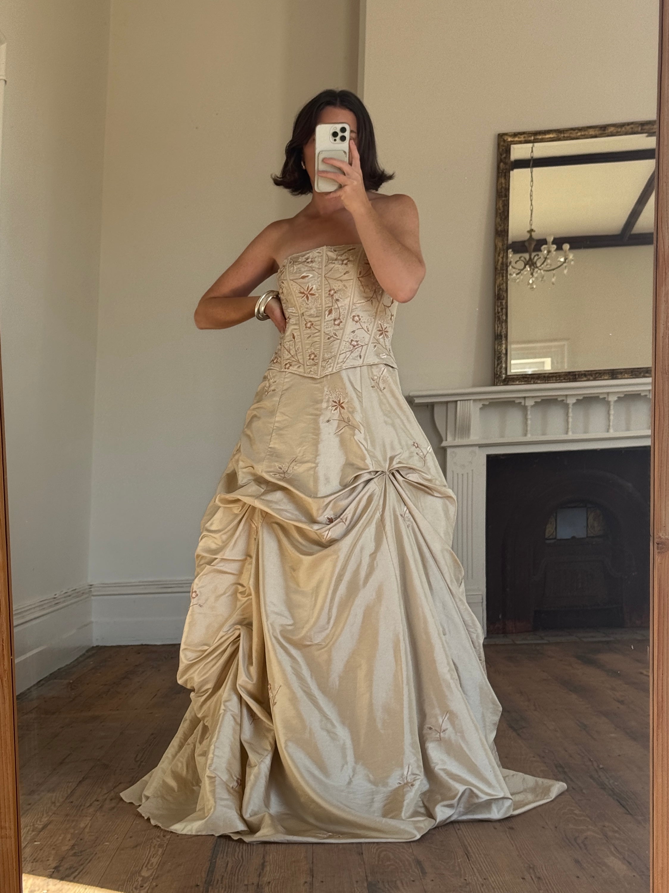 Vintage 90s Golden Embroidered Princess Strapless Gown