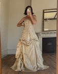 Vintage 90s Golden Embroidered Princess Strapless Gown