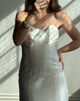 Vintage Y2K Strapless Satin Wedding Gown with Ruffled Train