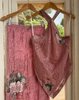 Vintage 90s Dusty Rose Floral Silk Halter Scarf Top and Skirt Set