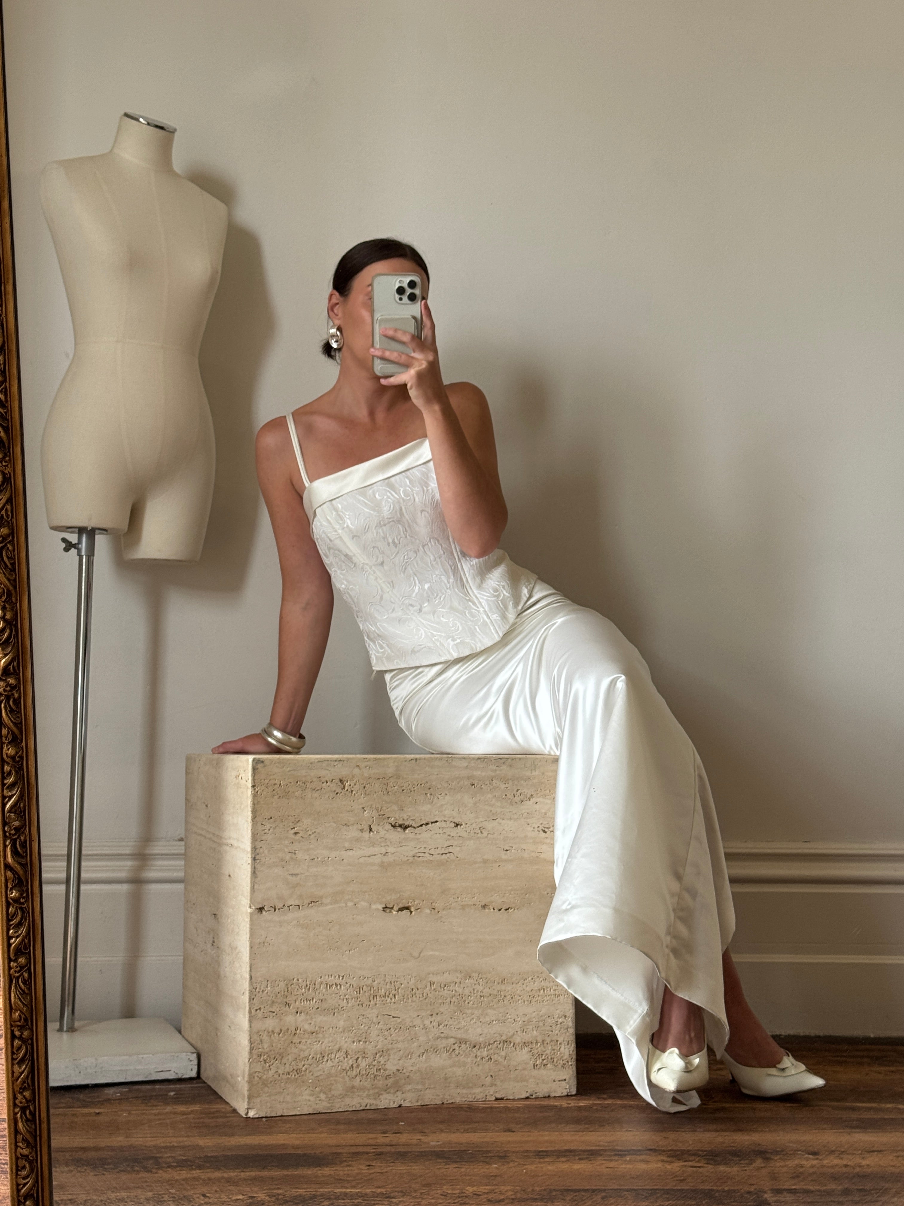 Vintage 90s Satin Jacquard Bodice and Skirt Set Ivory
