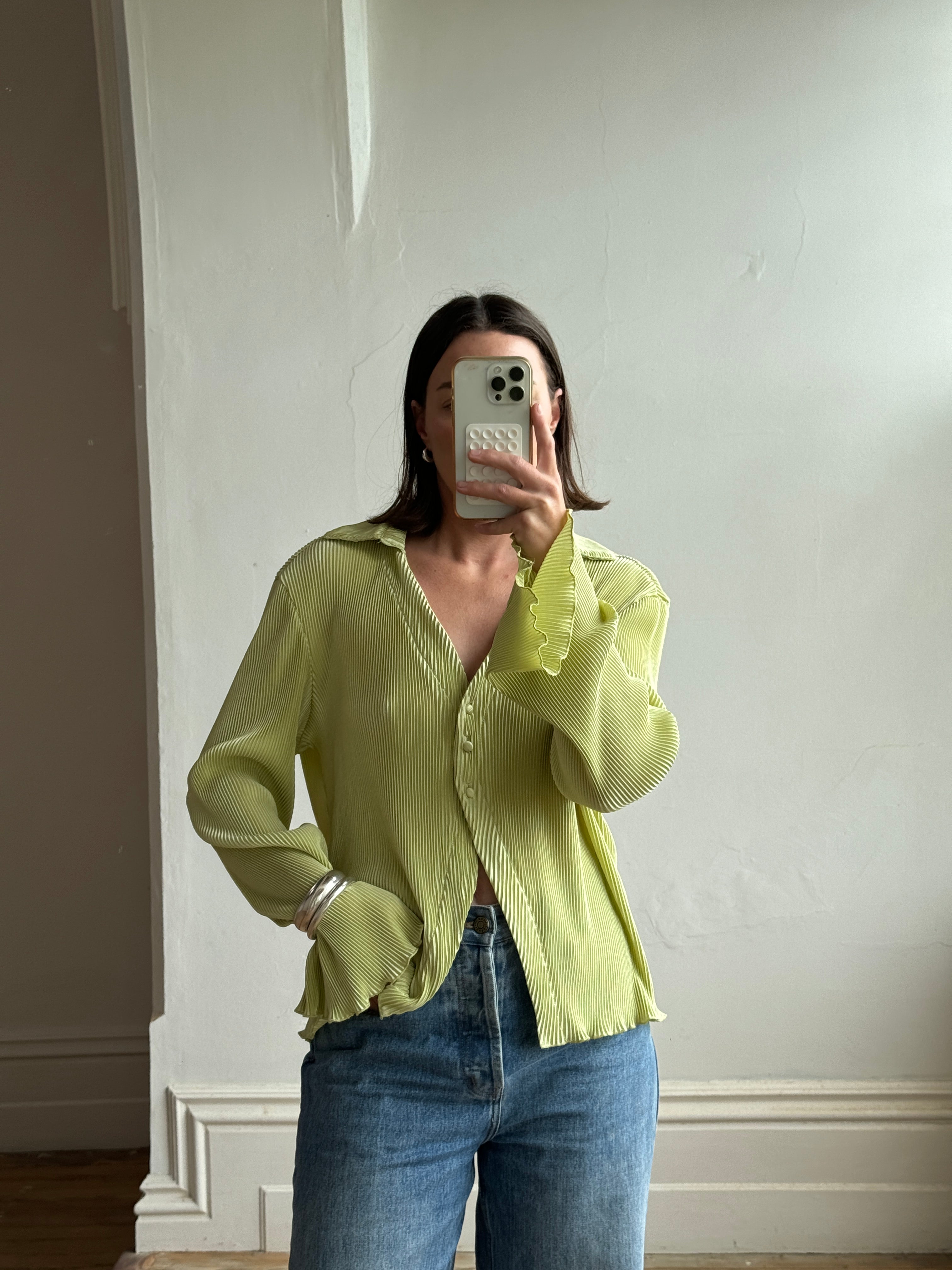 Vintage 90s Lime Pleated Button Up Blouse
