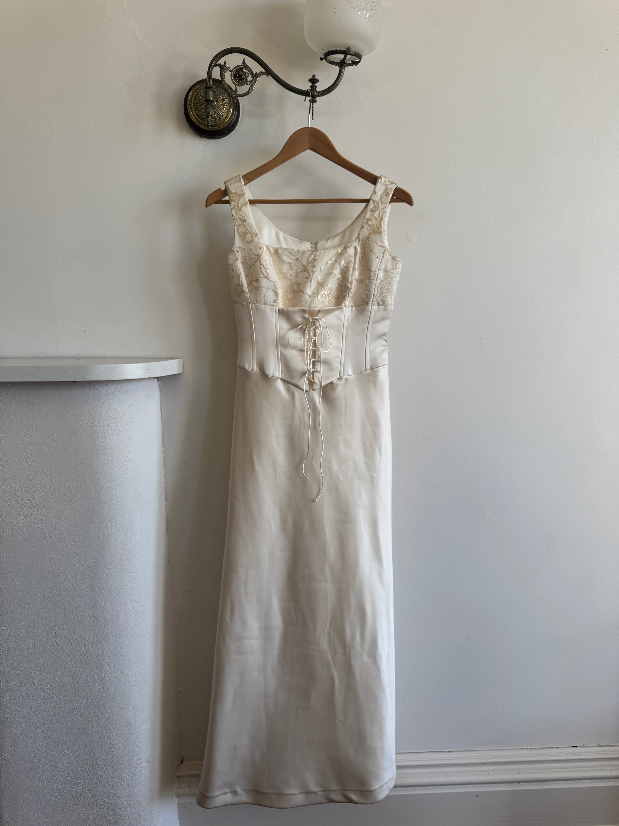 Vintage 90s Lace Up Waist Satin Column Wedding Dress