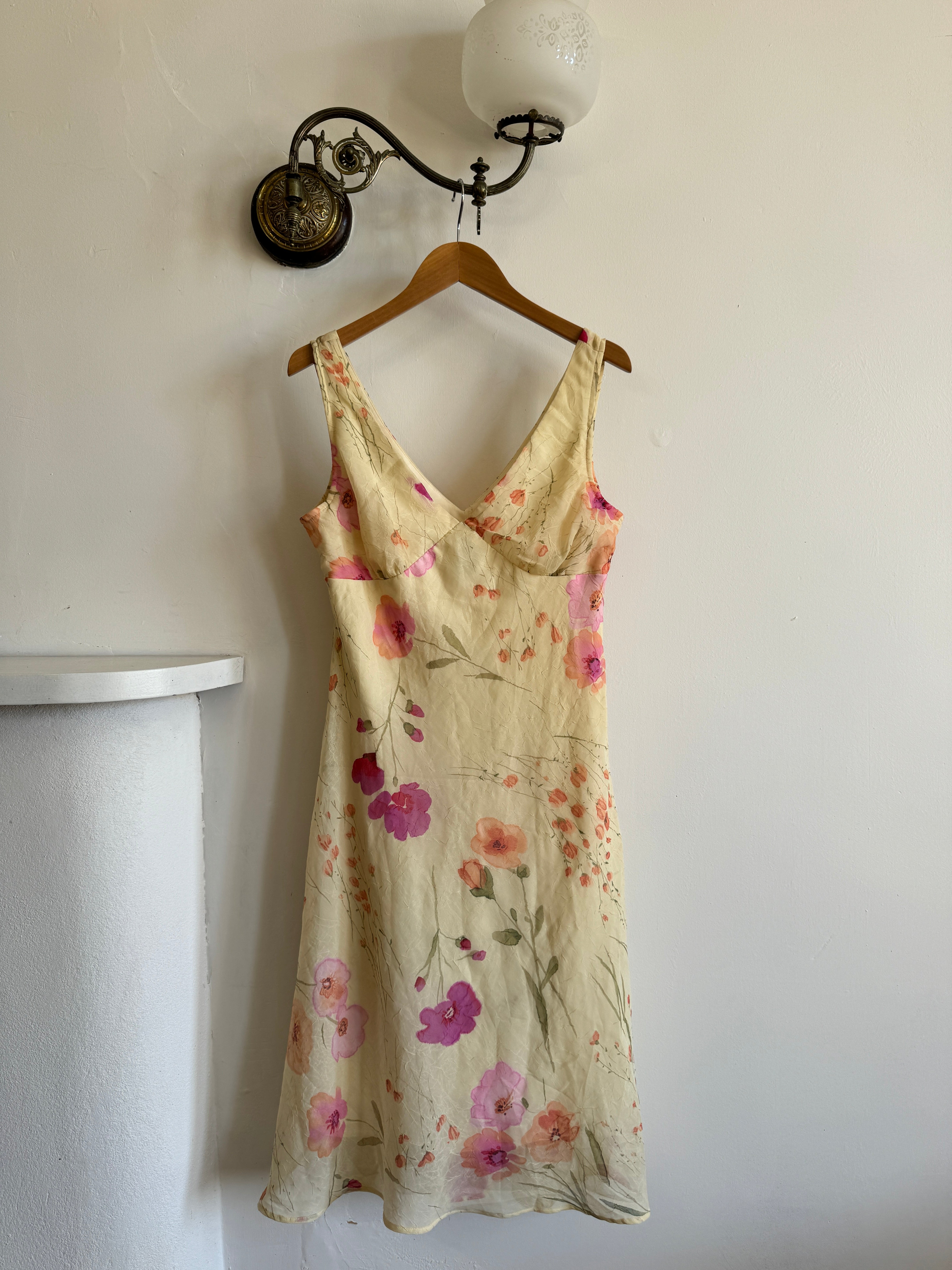 Vintage 90s Butter Yellow Floral Crinkle Sundress