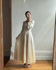 Vintage 70s Floral Satin Jacquard Wedding Dress Creme