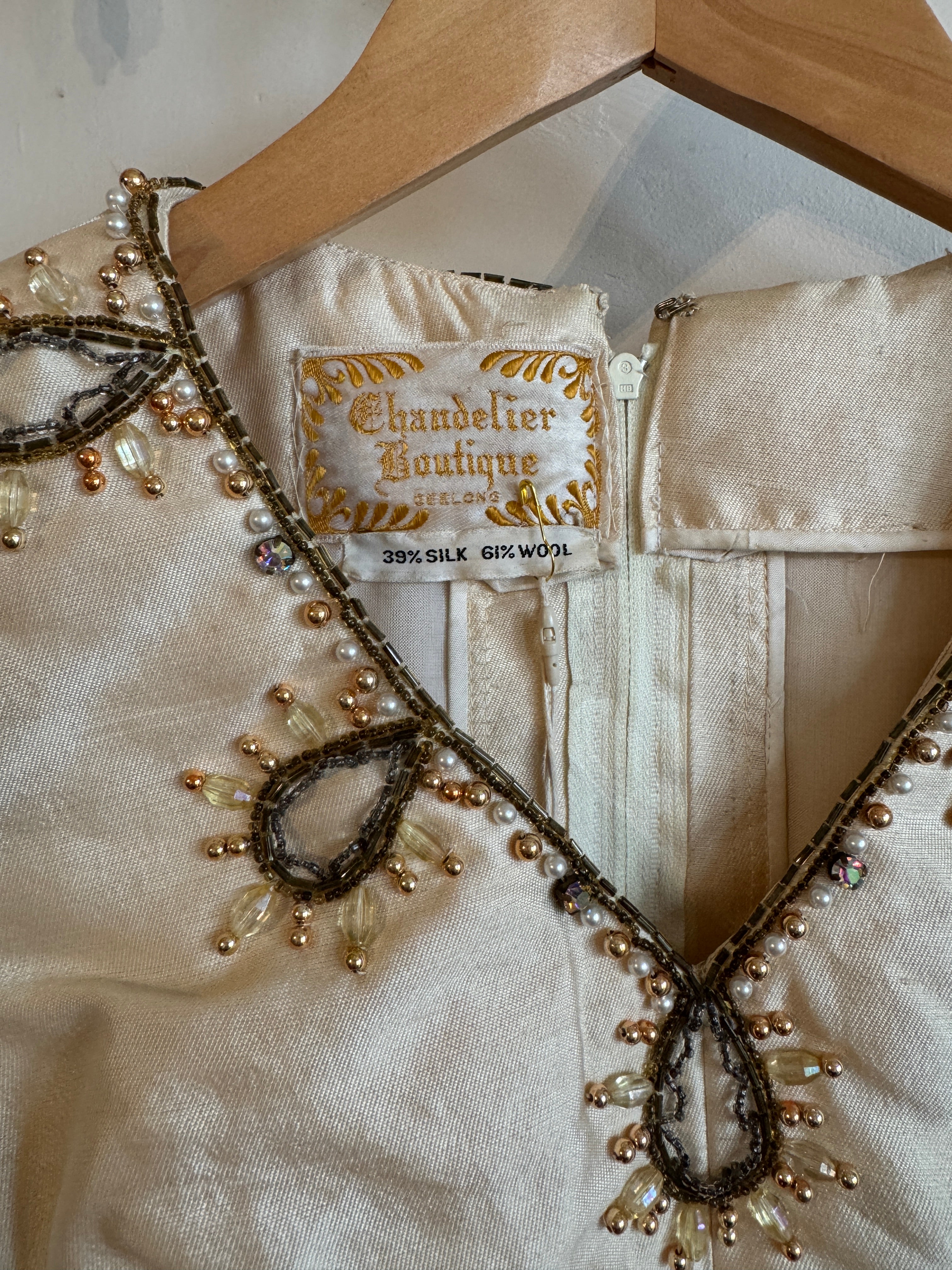 Vintage Silk and Wool Beaded Micro Mini Dress Creme