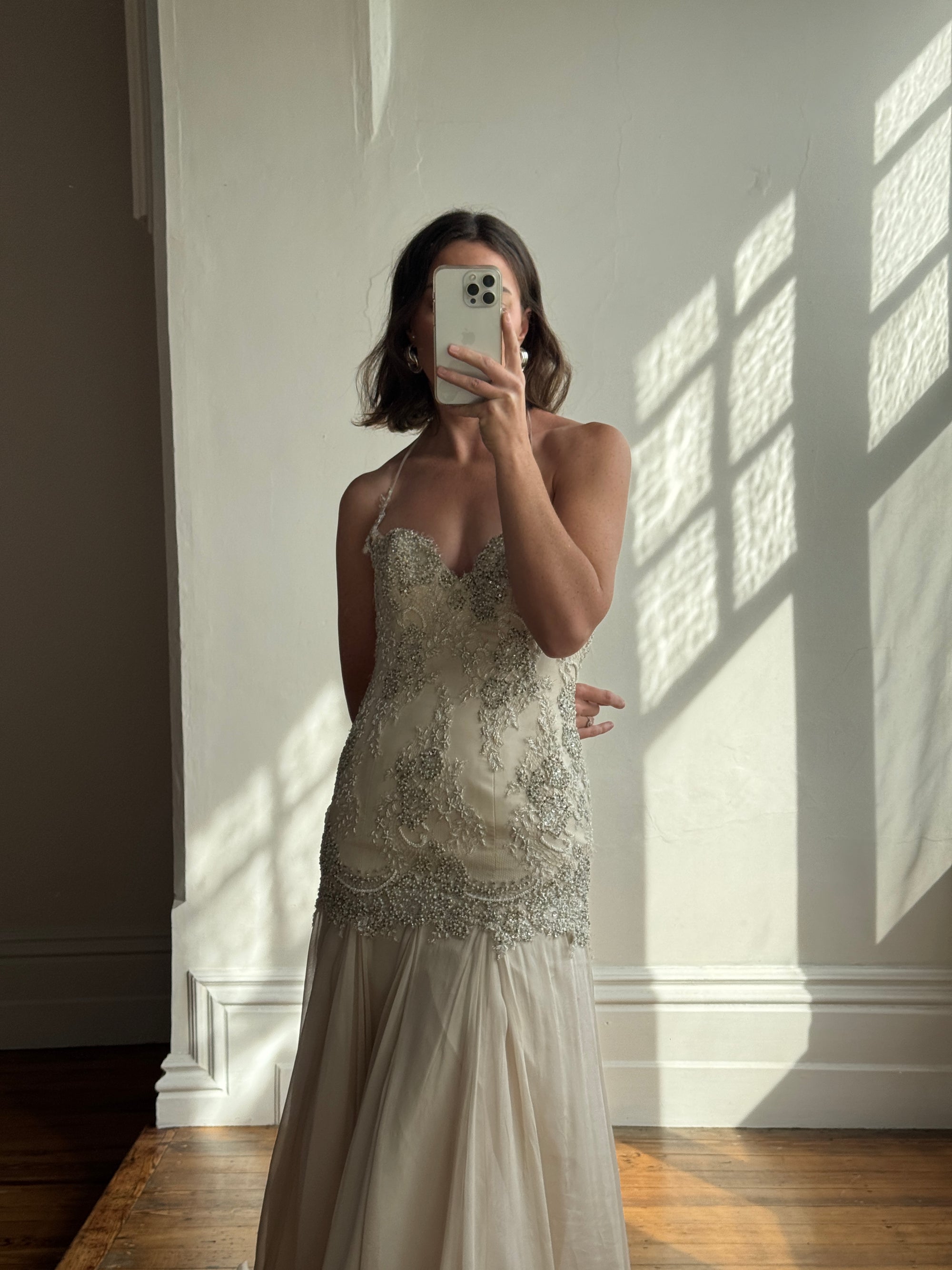 Vintage 90s Pure Silk Drop Waist Beaded Halter Gown with Cathedral Train