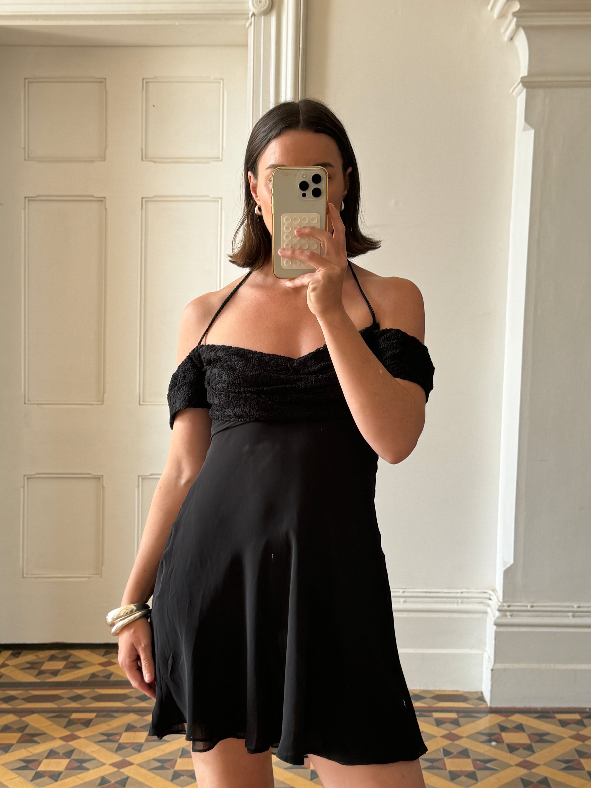 Vintage 90s Off Shoulder Mini Dress Noir