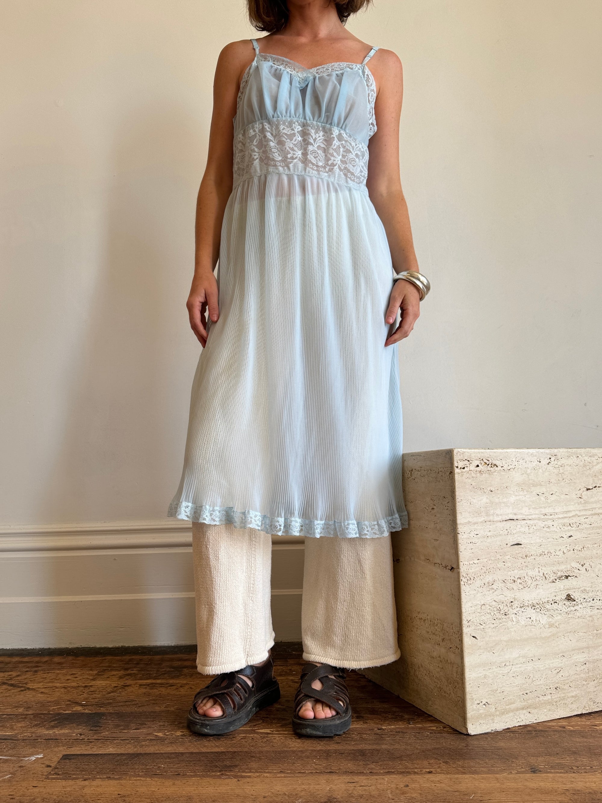 Vintage Pleated Negligee Slip Baby Blue