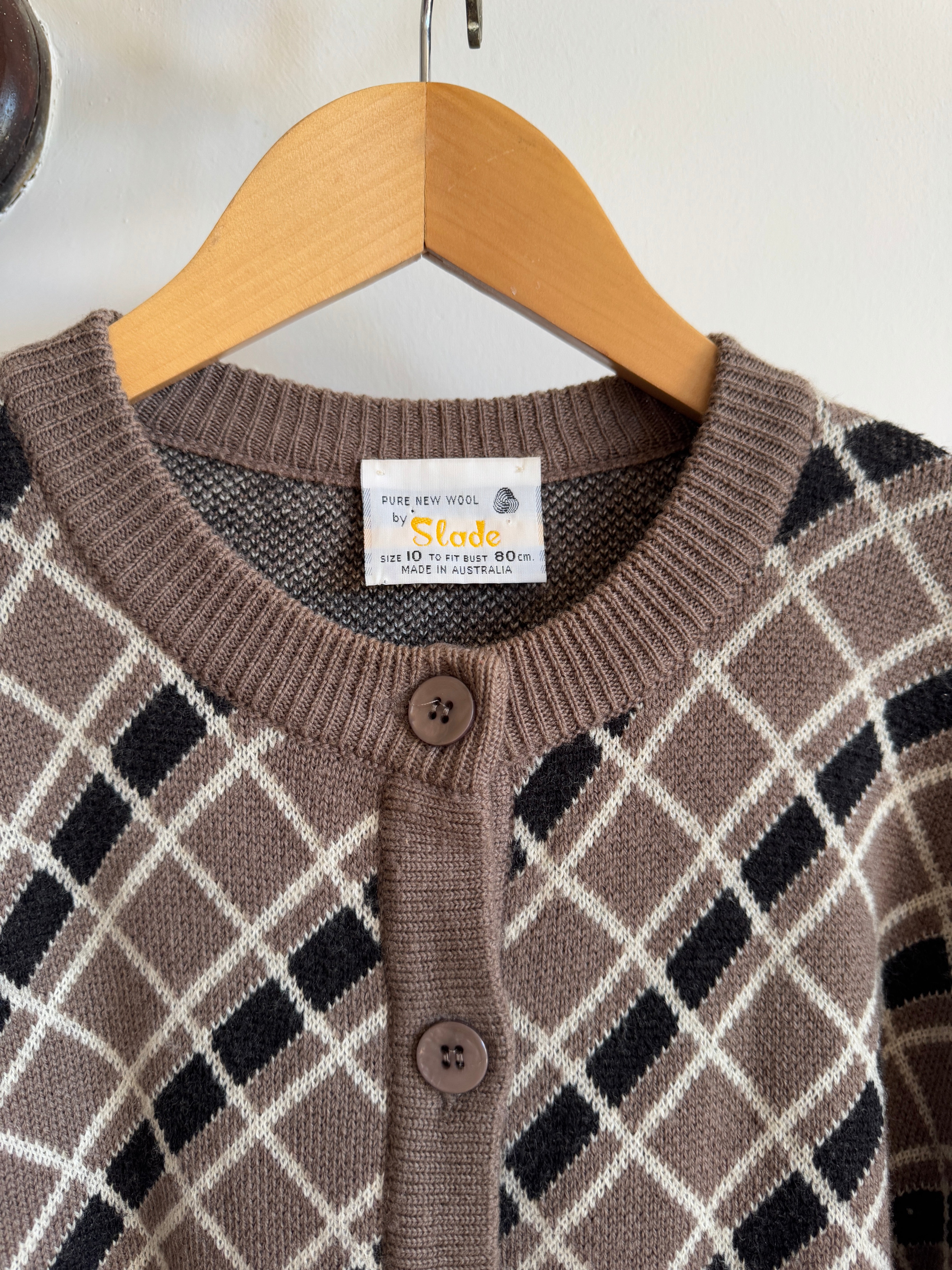 Vintage Pure Wool Check Cardi Taupe Black