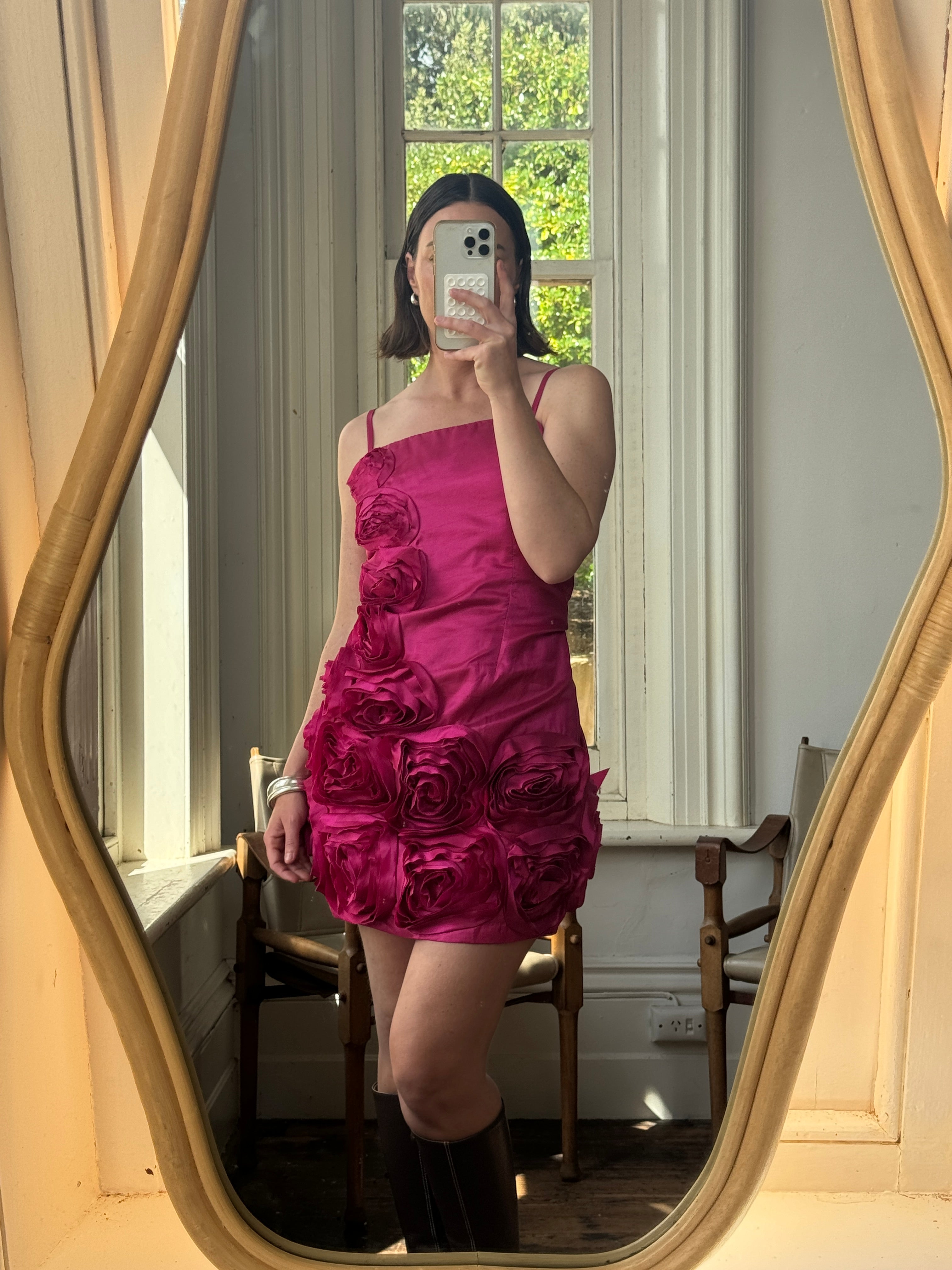 Vintage 80s Australian Made Rosette Mini Dress Fuchsia