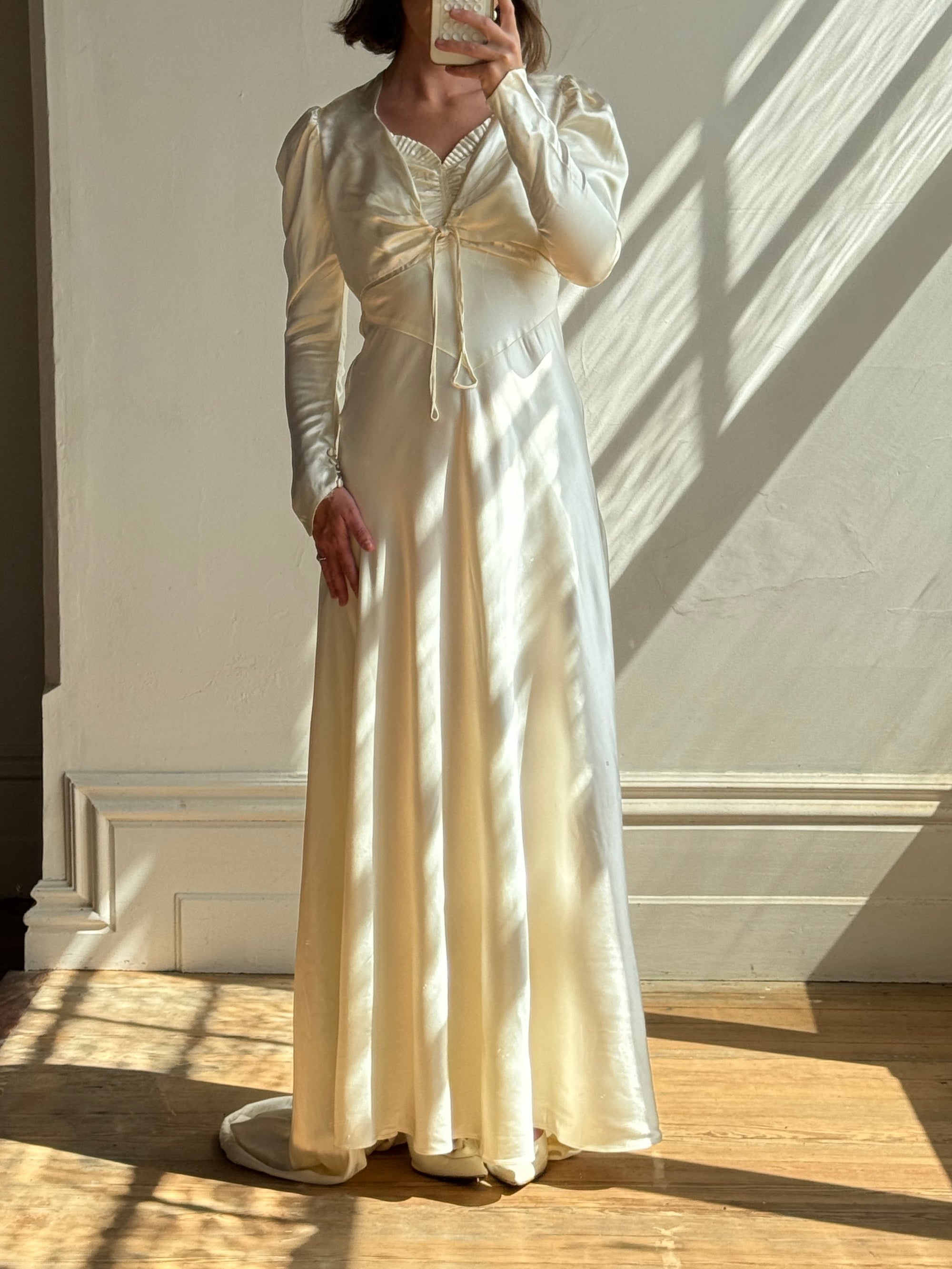Vintage 30s Creme Liquid Satin Dress with Train and Jacket