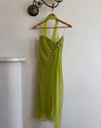 Vintage Y2K Chartreuse Strapless Pure Silk Brooch Dress