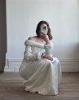 Vintage Fur Trim Long Sleeved Satin Wedding Dress