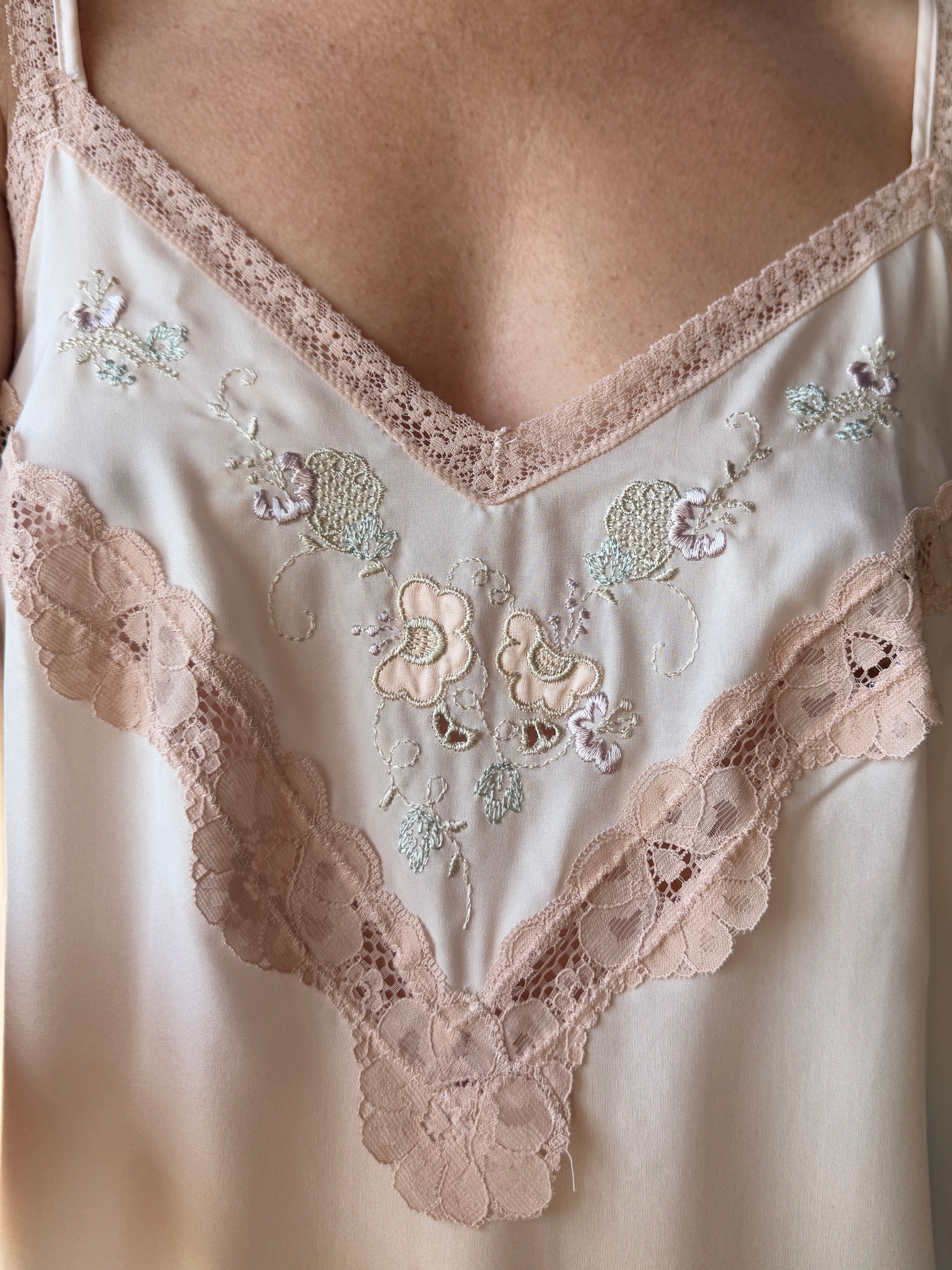 Vintage Embroidered Lace Midi Slip Dress Marshmallow