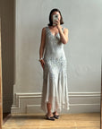Vintage 90s Pure Silk Beaded V Neck Dress Light Grey