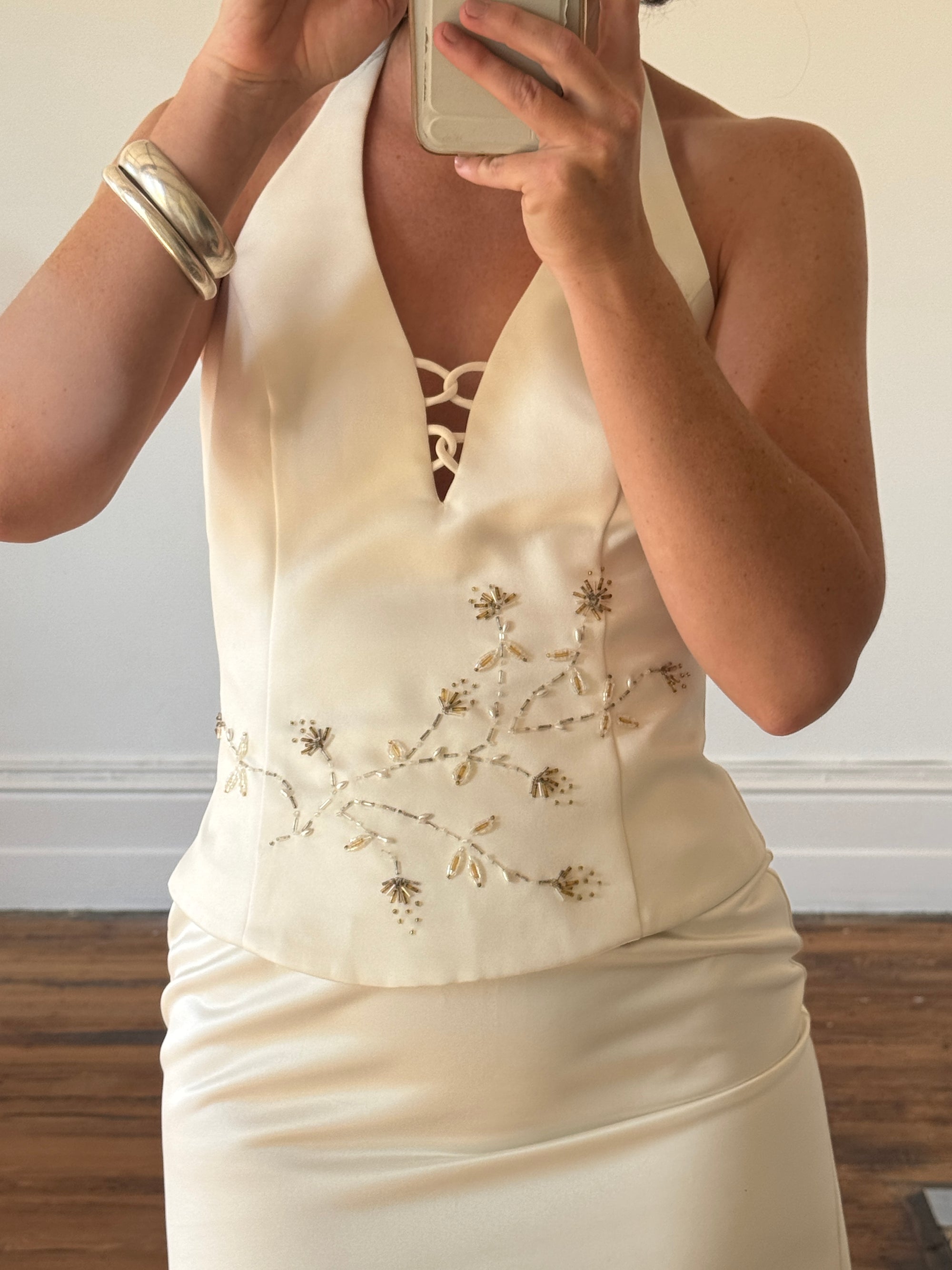 Vintage 90s Halter Two Piece Embellished Satin Wedding Set