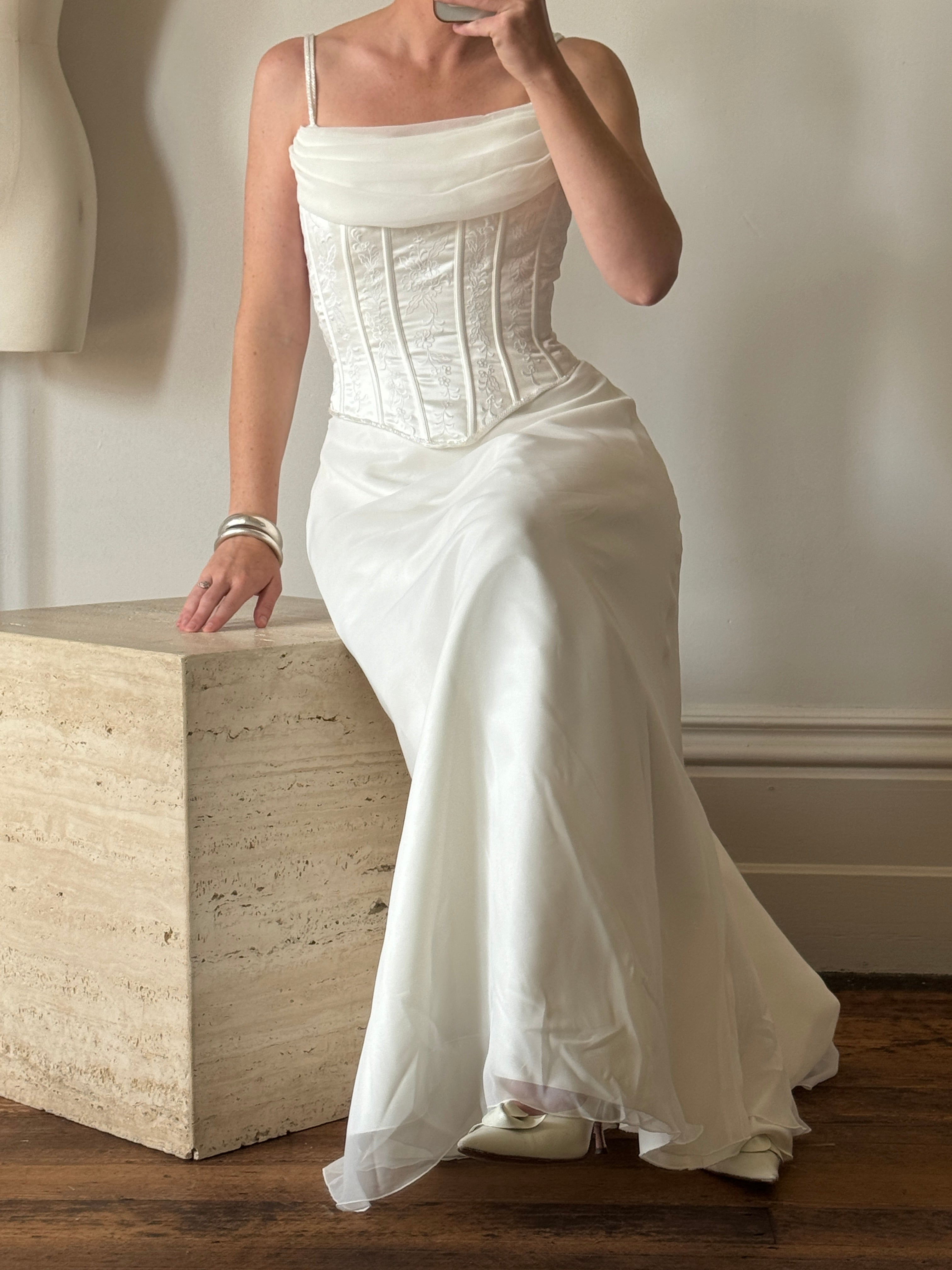 Vintage 90s Cowl Neck Jacquard Bodice Satin Wedding Dress
