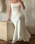 Vintage 90s Cowl Neck Jacquard Bodice Satin Wedding Dress