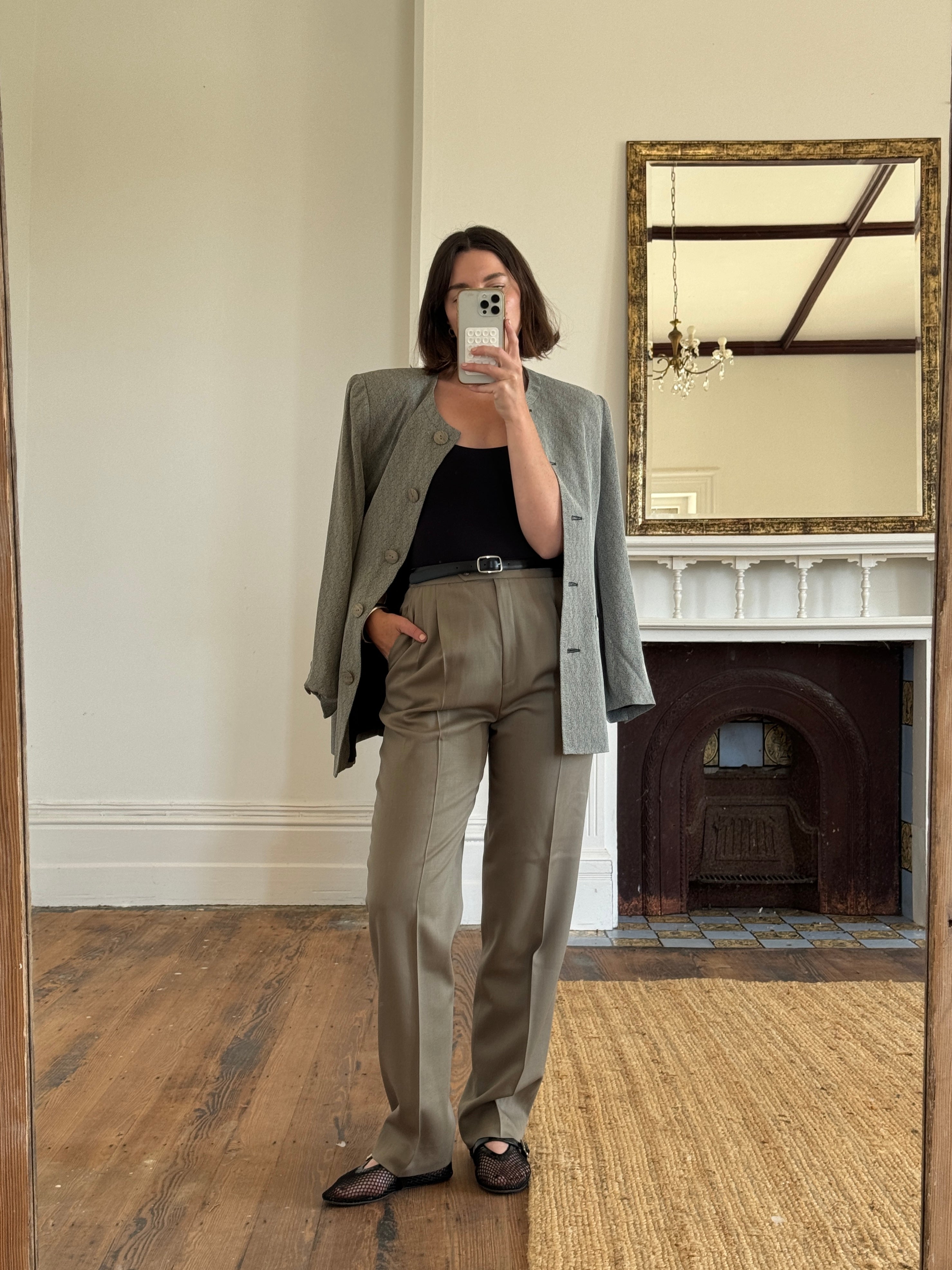 Vintage 80s Worsted Wool High Waist Suit Pant Olive Grey