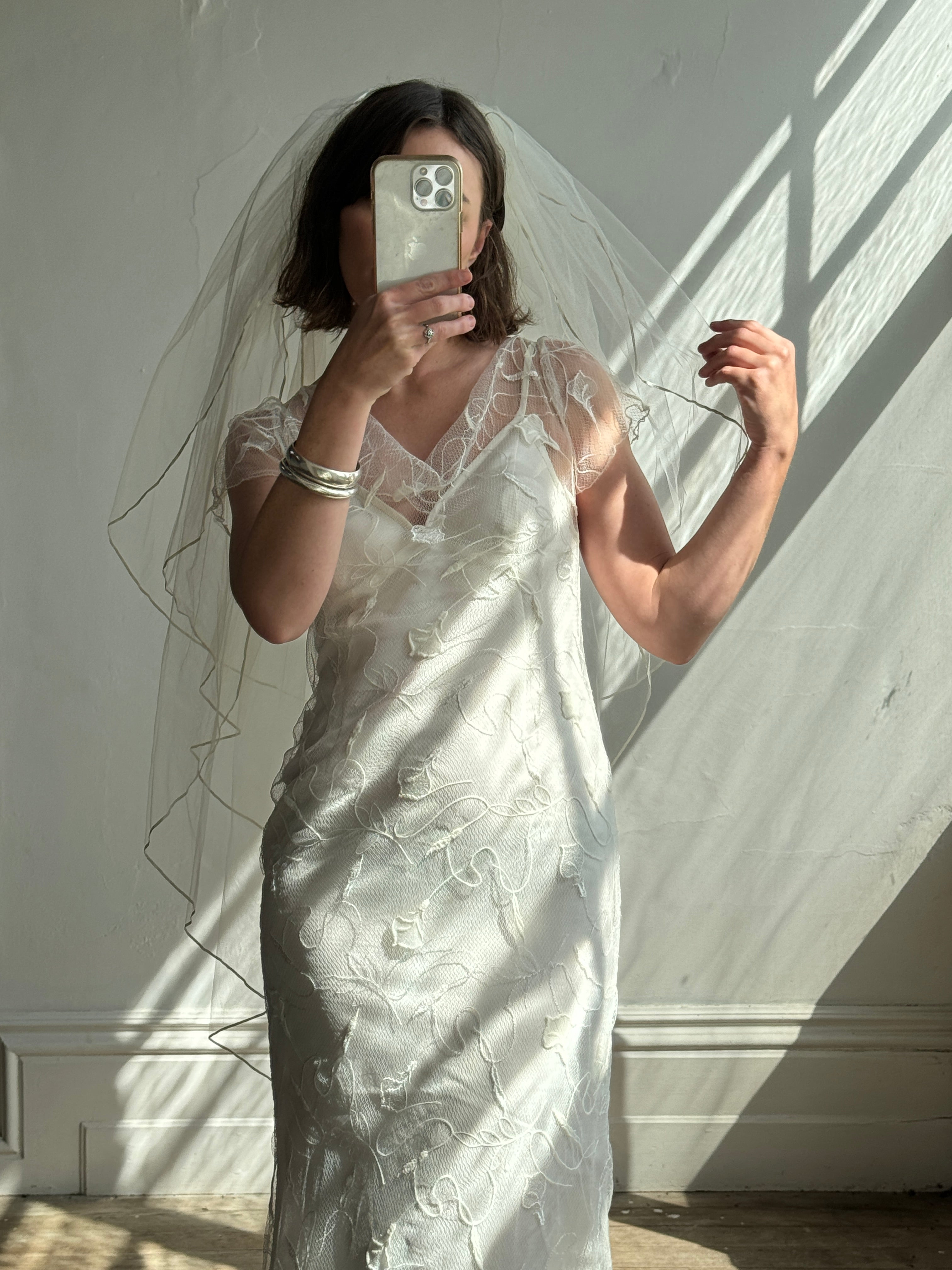 Vintage 90s Net Cowl Neck Mermaid Wedding Dress