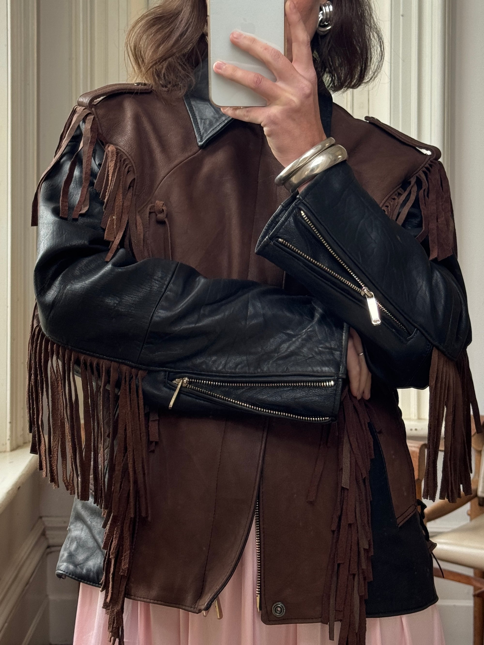 Vintage 70s Fringed Lace Up Leather Jacket Chocolate Noir