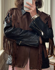 Vintage 70s Fringed Lace Up Leather Jacket Chocolate Noir