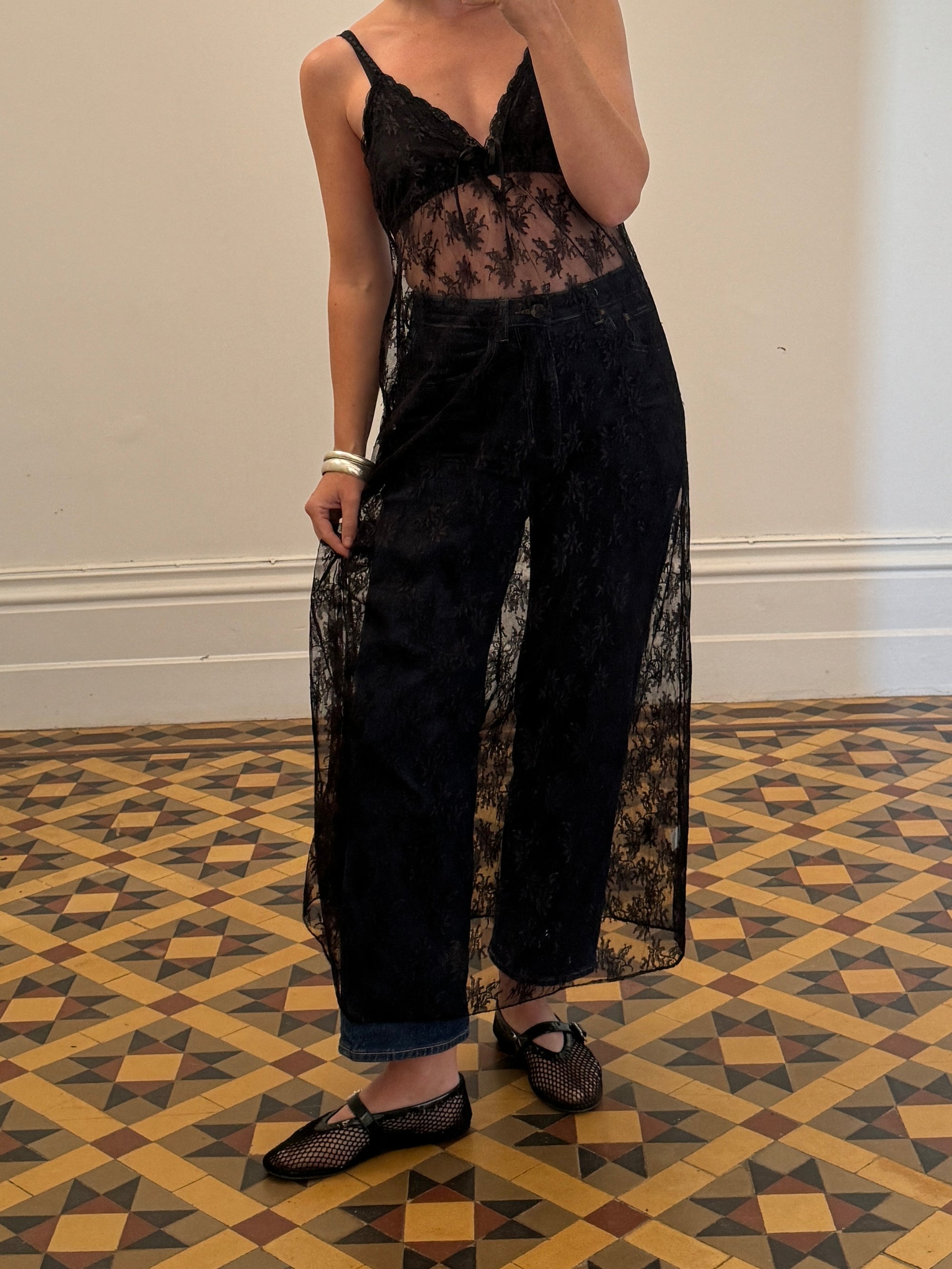 Vintage Black Lace Tie Front Slip Dress