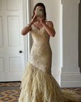 Vintage 90s Fishtail Beaded Tulle Wedding Gown Champagne