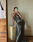 Vintage 90s Slinky Halter Bias Slip Gown Gunmetal