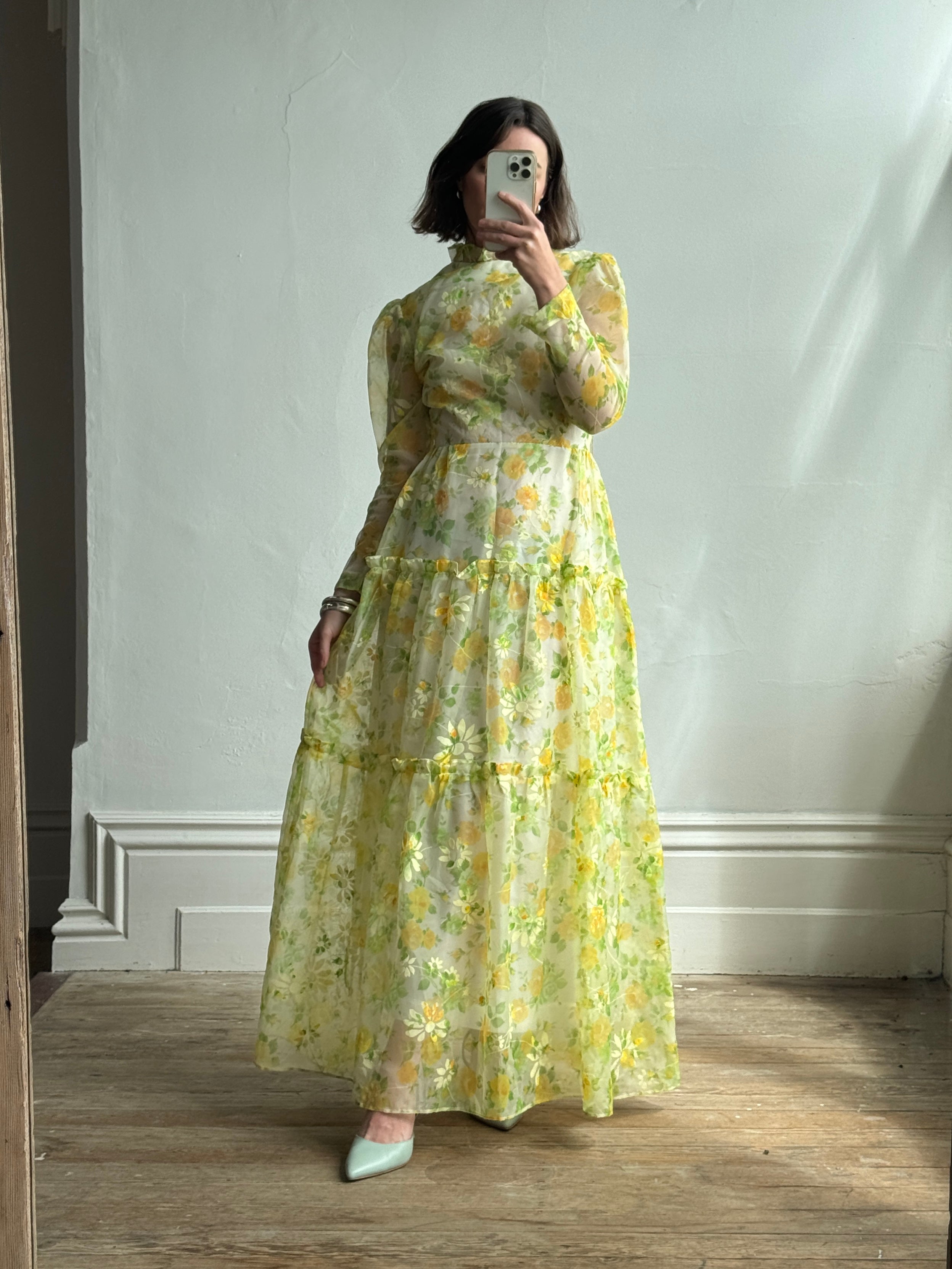 Vintage 70s Lemon Floral Tiered Maxi Dress